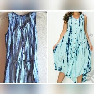 Bohemian Ruffle Pocketed Drapey Blue Tonal Tie-Dye Midi Dress "FREE SIZE"